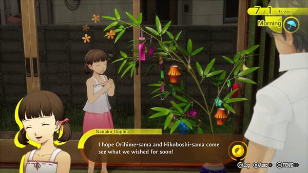 Screenshot from Persona 4 Revival: Two characters stand near a decorated bamboo tree, discussing their wishes on a sunny morning.