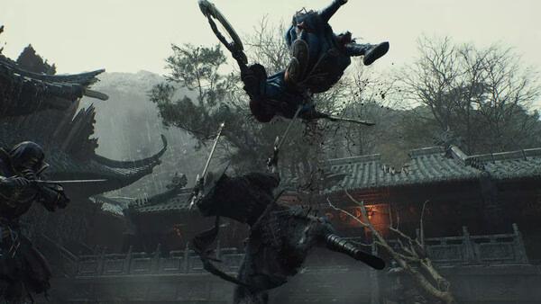 Screenshot from Phantom Blade Zero showing two characters in combat with swords, set in a dark, detailed, traditional Asian environment.