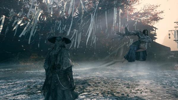 Phantom Blade Zero screenshot: A warrior faces a flying enemy amidst a misty, leaf-strewn battleground.