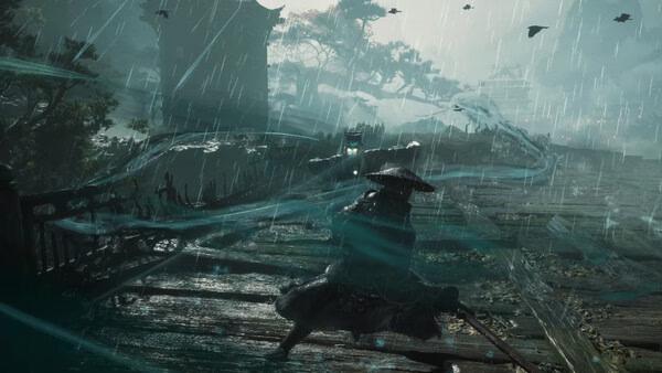 Screenshot of Phantom Blade Zero showing a warrior in a conical hat on a rainy bridge, surrounded by swirling water and flying birds.