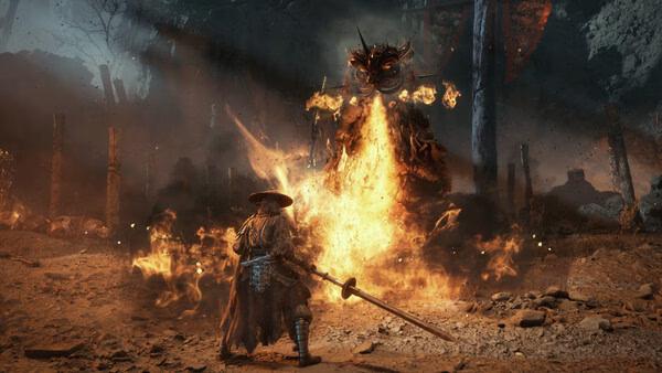 Screenshot from Phantom Blade Zero showing a swordsman facing a fiery, monstrous enemy in a dramatic, dark battlefield.