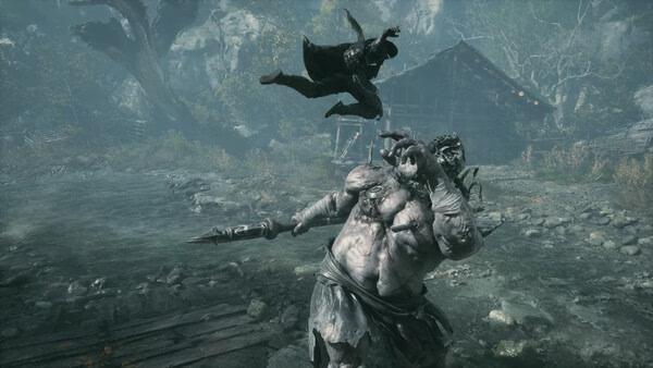 Screenshot from Phantom Blade Zero showing a character leaping above a large, armored enemy in a forest setting.