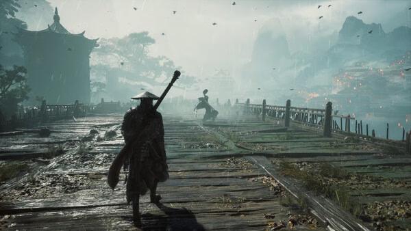 Screenshot from Phantom Blade Zero showing a character with a sword walking on a weathered wooden bridge in a misty, ancient landscape.
