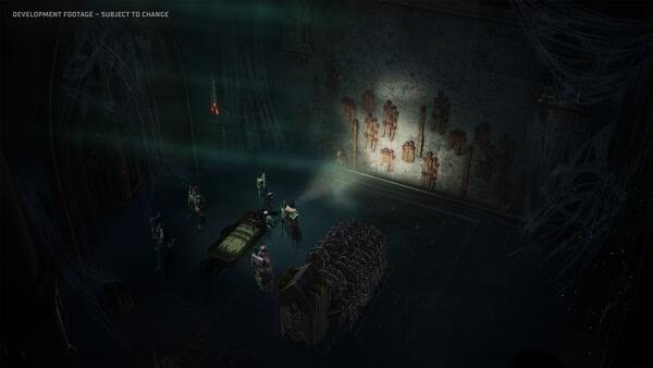 Warhammer 40,000: Dark Heresy screenshot: Players gather around a table in a dimly lit room with eerie wall decorations.