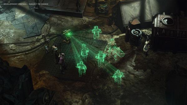 Warhammer 40,000: Dark Heresy screenshot of holographic figures on a battlefield, surrounded by characters and machinery.