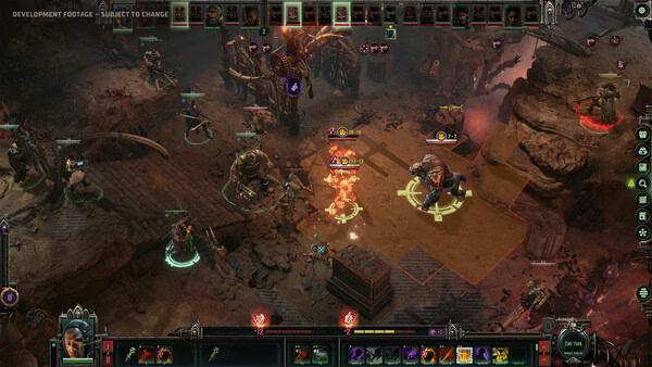 Screenshot from Warhammer 40,000: Dark Heresy showing characters engaged in a tactical battle on a rocky terrain.