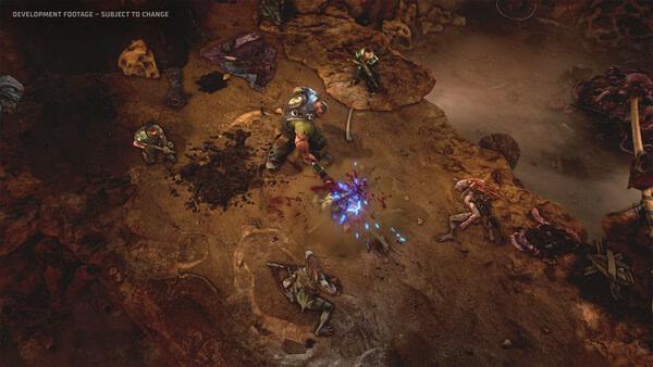 Screenshot from Warhammer 40,000: Dark Heresy showing a battle scene with characters engaged in combat amidst a rocky terrain.