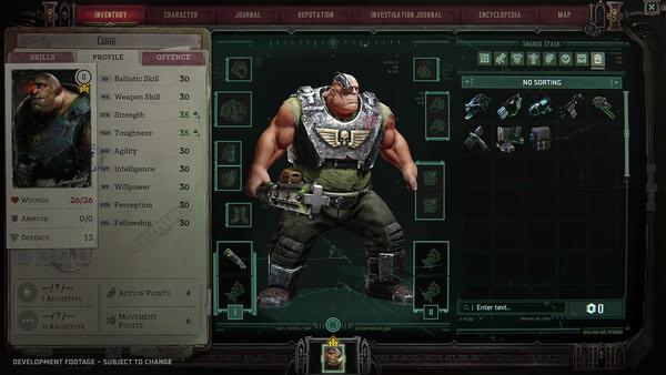 Warhammer 40,000: Dark Heresy screenshot showing a character profile with stats and equipped gear in the inventory menu.