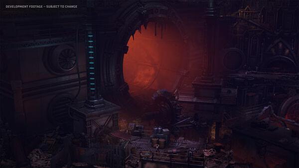 Screenshot from Warhammer 40,000: Dark Heresy showing a massive, ominous red-lit portal in an industrial setting.