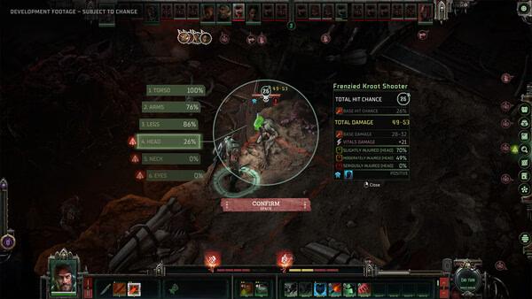 Screenshot from Warhammer 40,000: Dark Heresy showing player stats and a battle with a Frenzied Kroot Shooter in a dark environment.