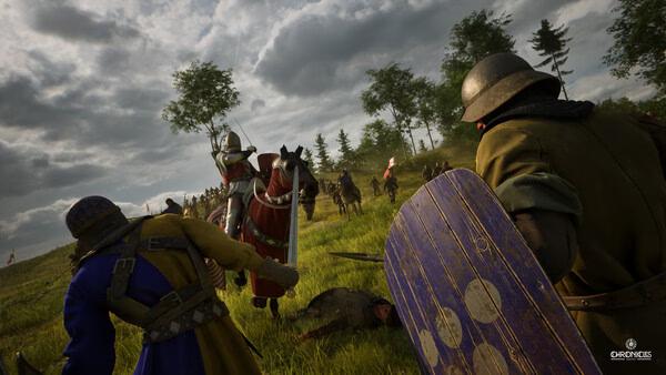Screenshot from Chronicles: Medieval showing armored knights engaged in battle on a grassy field under a cloudy sky.