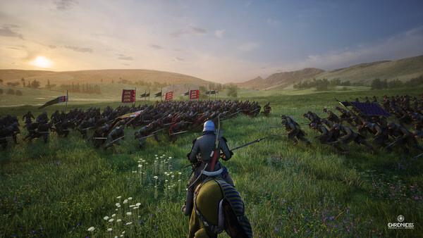 Screenshot from Chronicles: Medieval showing a mounted knight leading an army into battle across a grassy field at sunset.
