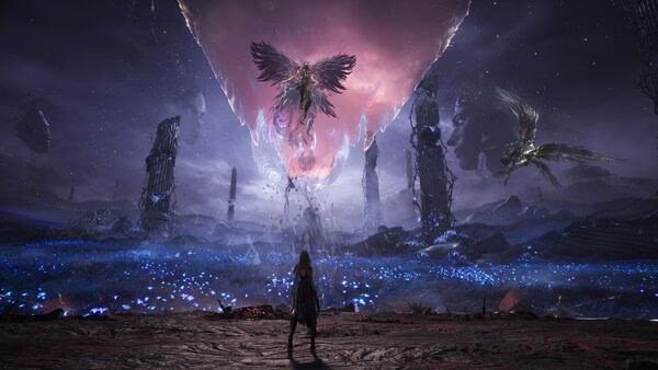 Tides of Annihilation screenshot: A lone figure faces ethereal winged creatures against a dramatic cosmic backdrop.