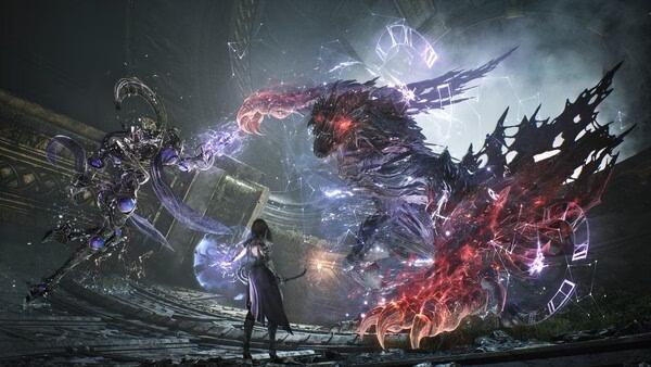 Screenshot from Tides of Annihilation showing a mystical warrior battling a shadowy beast in a dark, ornate setting.