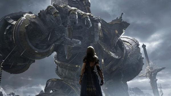 Screenshot from Tides of Annihilation showing a player character facing a colossal armored giant in a stormy landscape.