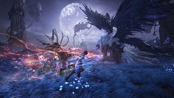 Tides of Annihilation screenshot: A player battles a winged enemy in a glowing, moonlit field surrounded by dark structures.