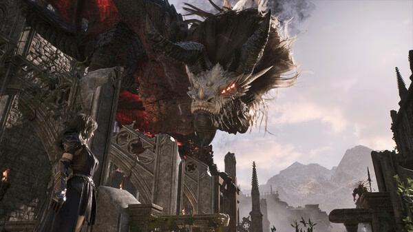 Tides of Annihilation screenshot: A massive dragon with glowing red eyes looms over a warrior in a ruined, mountainous landscape.