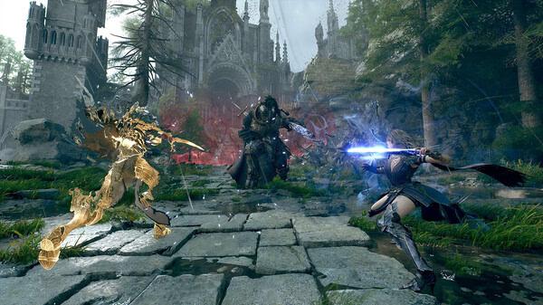 Screenshot from Tides of Annihilation showing three characters battling in front of a medieval castle amid lush greenery.