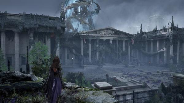 Screenshot from Tides of Annihilation showing a character facing a ruined building with a swirling vortex above it.