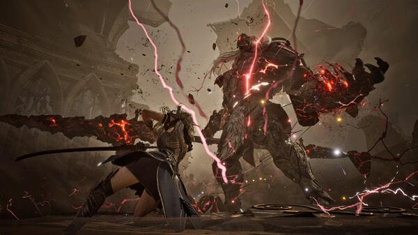 Screenshot from Tides of Annihilation showing a fierce battle between a warrior and a towering, armored creature amidst a storm of energy.