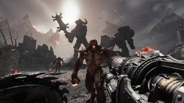 Screenshot from DOOM: The Dark Ages showing a player wielding a massive weapon facing off against several demonic creatures in a dark landscape.
