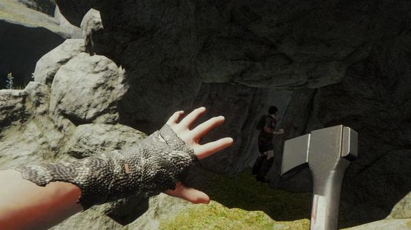 Screenshot from The Forest showing a player's hand, an axe, and another character near a rocky cave entrance.