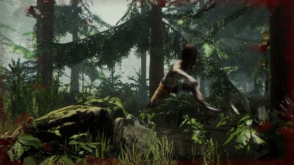 Screenshot from The Forest featuring a figure in motion among dense trees and foliage, creating an intense atmosphere.