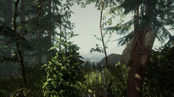 A screenshot from The Forest showing a crafted stone axe amidst a dense, sunlit forest with a distant view of the sea.