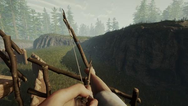 Screenshot from The Forest showing a player holding a bow and arrow, aiming at a distant hill surrounded by trees.