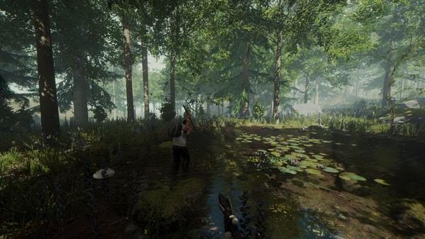 The Forest screenshot: A player wades through a lush, sunlit forest pond surrounded by dense foliage and trees.