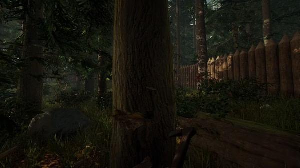The Forest screenshot: A dense forest scene with a tree being chopped, wooden fence visible in the background.