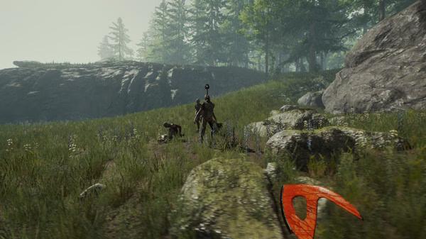 A screenshot from The Forest showing a player holding an axe, approaching mutants in a grassy field surrounded by trees and rocks.