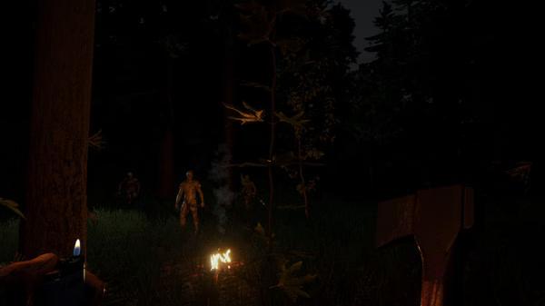 A screenshot from The Forest showing a nighttime scene with mutants near a campfire, surrounded by trees and an axe in view.