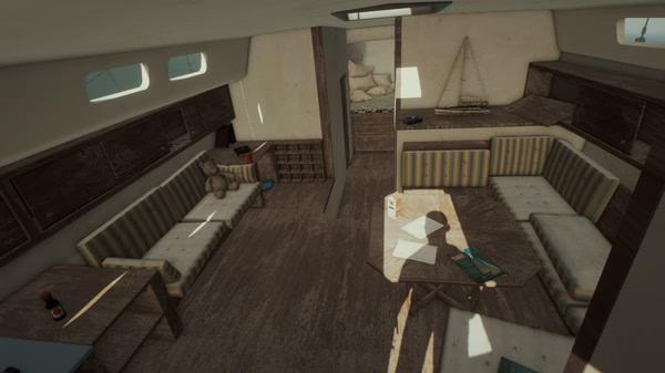A screenshot from The Forest showing the interior of a stranded yacht with sofas, tables, and survival items scattered around.