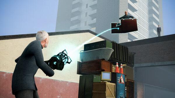 Garry's Mod screenshot: A player uses a gravity gun to lift objects towards another character standing on a pile of items.