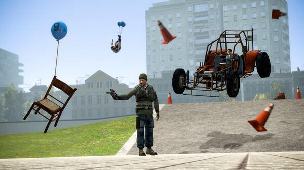 Screenshot of Garry's Mod featuring a character with a gun, floating chair, balloons, cones, and a buggy against a city backdrop.