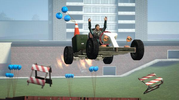 Screenshot from Garry's Mod showing a person driving a flying vehicle with balloons, flames, and construction barriers.