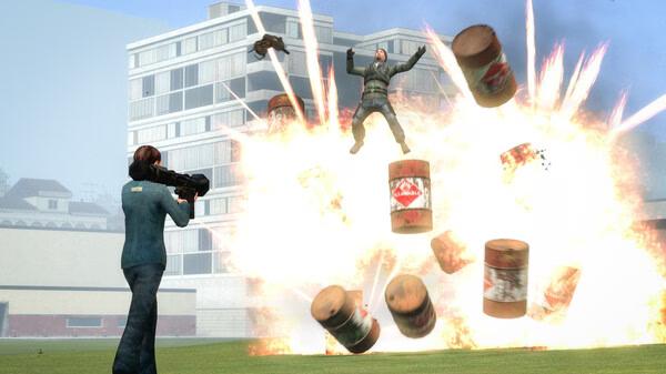 Garry's Mod screenshot: A character is launched into the air amidst exploding barrels, while another aims a weapon nearby in a grassy area.