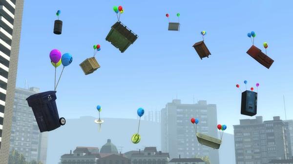 Screenshot from Garry's Mod showing various objects, like bins and crates, floating with colorful balloons in a cityscape.