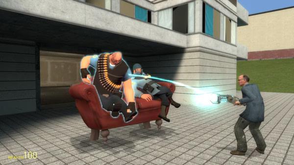 Garry's Mod screenshot: A character uses a gravity gun on two men sitting on a couch outside a building.