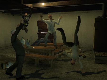 Garry's Mod screenshot showing characters dancing and posing in a dimly lit room with tables, bottles, and scattered objects.