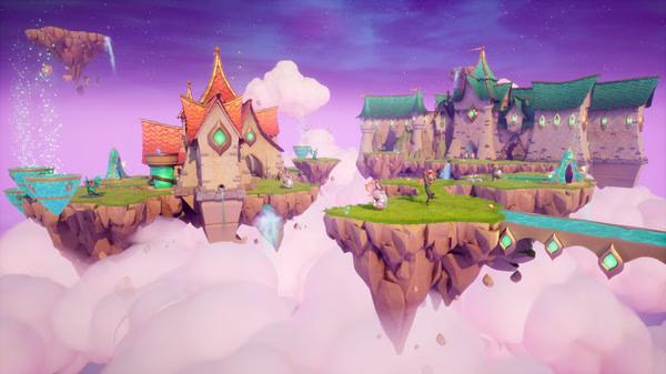 Screenshot from Spyro Reignited Trilogy featuring floating islands in a mystical sky setting with vibrant structures.