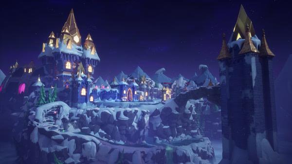 Screenshot from Spyro Reignited Trilogy showing a snowy castle landscape under a starry night sky, with bridges and towers.