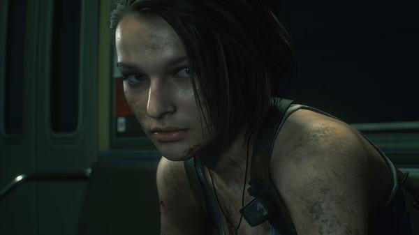 Resident Evil 3 screenshot showing a character sitting in a dimly lit train, wearing a tank top and appearing bruised and exhausted.
