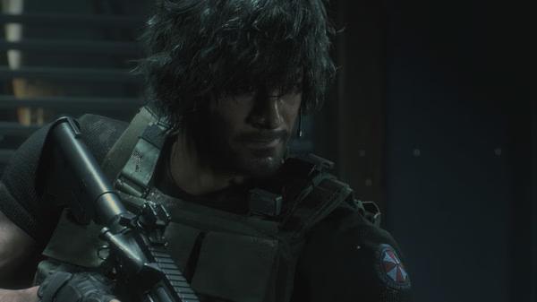 Resident Evil 3 screenshot: A character in tactical gear with a rifle, featuring the Umbrella Corporation logo on their shoulder.
