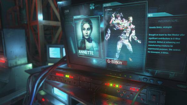 Resident Evil 3 screenshot: A computer screen displays profiles of Annette and G-Birkin in a dimly lit room filled with equipment.