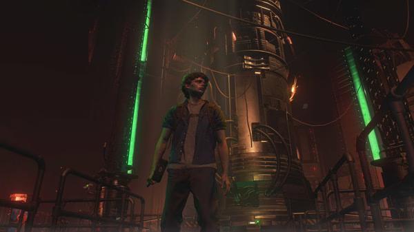 Resident Evil 3 screenshot: A lone character stands in a dimly lit industrial area, holding a weapon, surrounded by machinery.