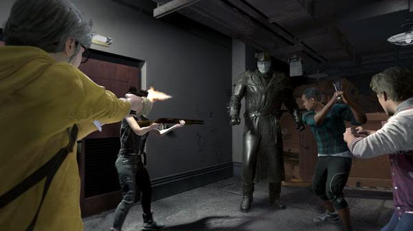 A Resident Evil 3 screenshot showing Nemesis confronting a group of survivors in a dimly lit corridor as one fires a weapon.