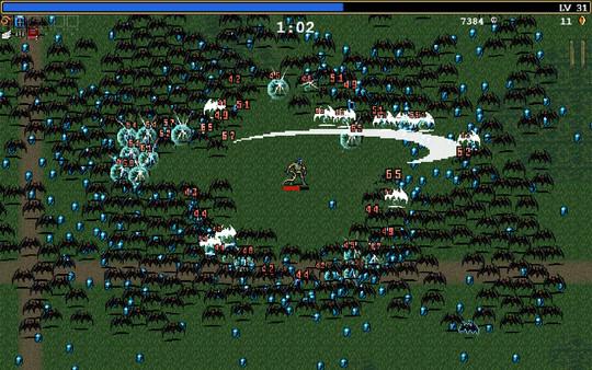 Vampire Survivors screenshot: A character fights off hordes of bats with glowing projectiles on a grassy battlefield.