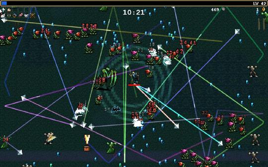Vampire Survivors screenshot: Character battles multiple monsters using colorful projectiles in a chaotic scene.